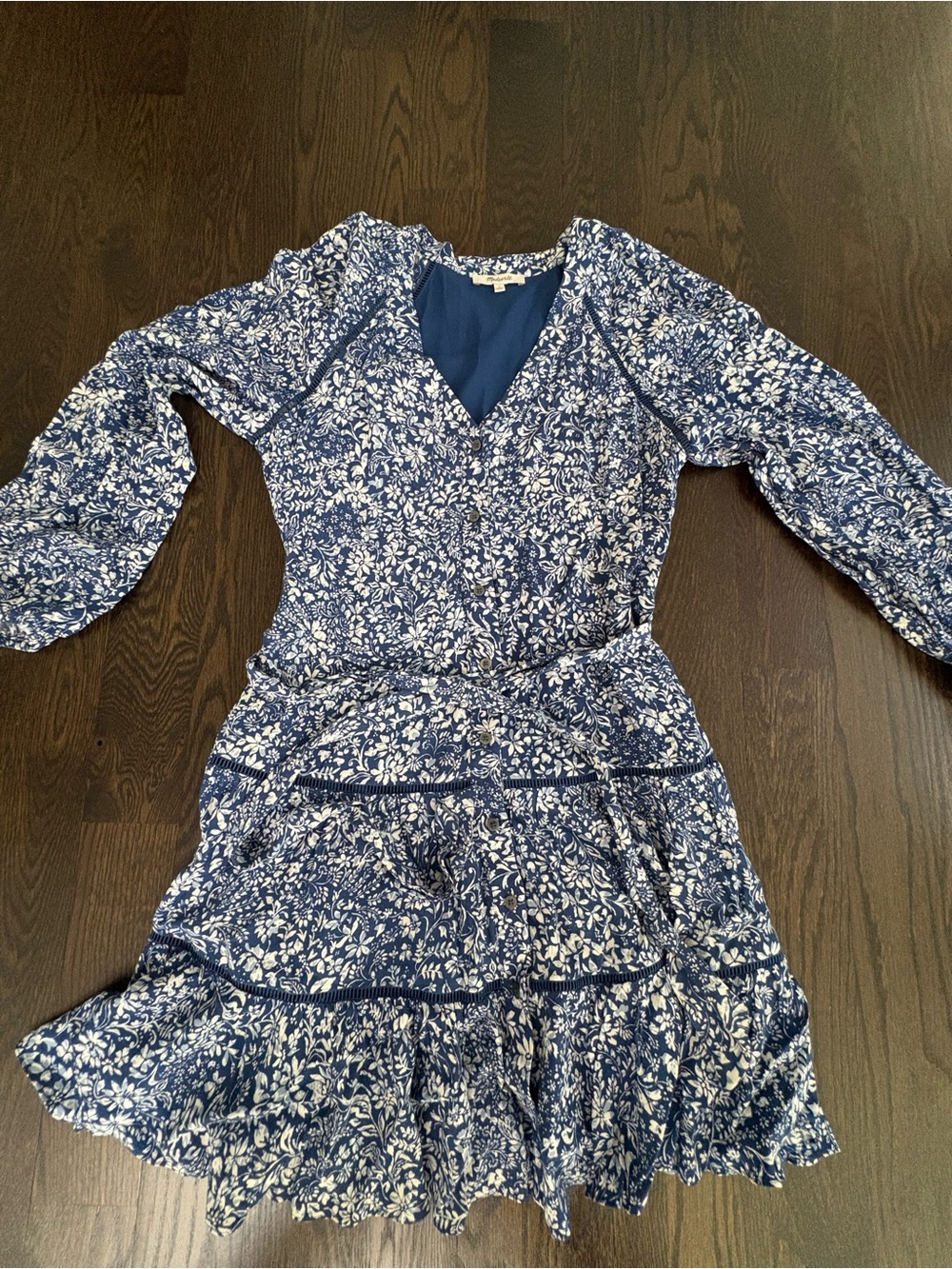 Madewell Blue Floral Long Sleeve Tiered Mini Dress Size 0